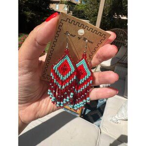 Brand New Handmade Turquoise and Red beaded earrings Native American Design